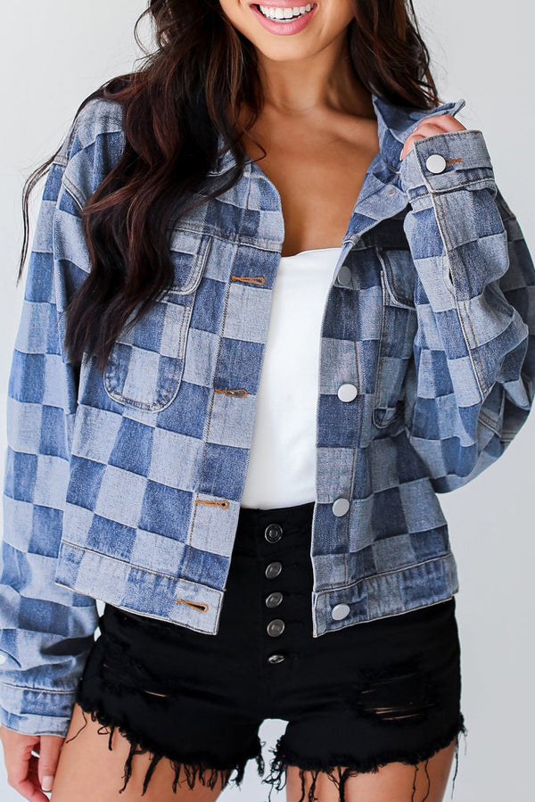 Checkered Patchwork Button up Denim Jacket-Lastshoppingexit