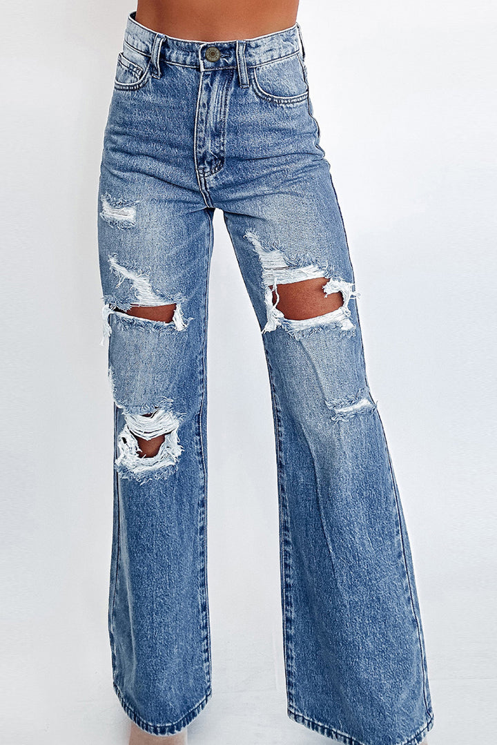 Acid Wash Distressed Wide Leg High Waist Jeans-Lastshoppingexit