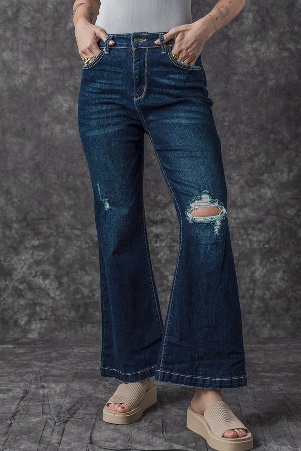 Real Teal High Rise Ripped Bell Bottom Jeans-Lastshoppingexit