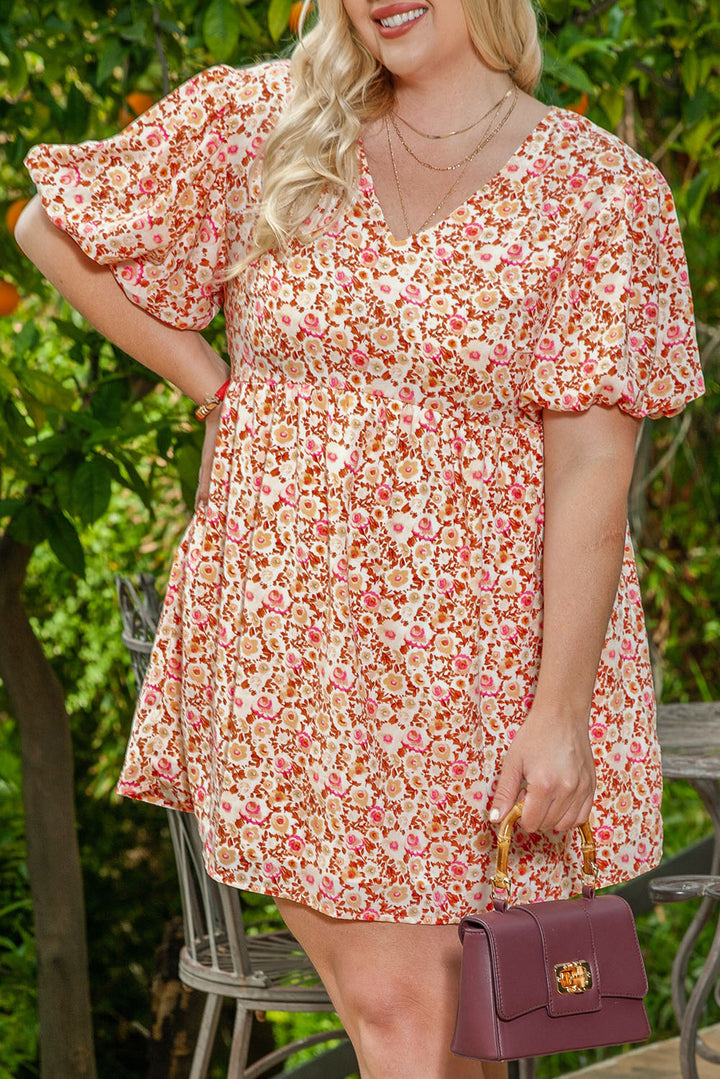 Plus Size Floral Print Puff Sleeves Dress-Lastshoppingexit