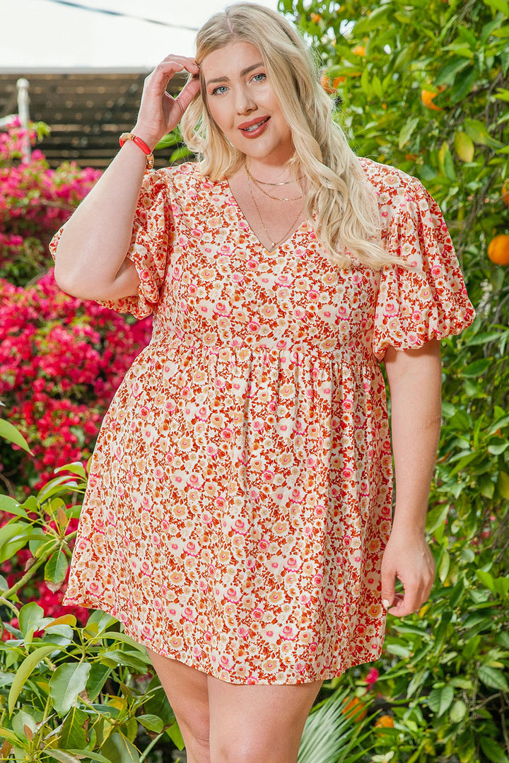 Plus Size Floral Print Puff Sleeves Dress-Lastshoppingexit