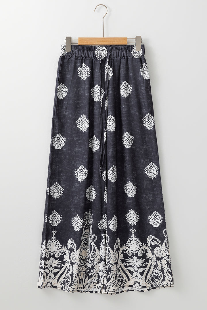 Bohemian Printed Drawstring Waist Wide Leg Pants-Lastshoppingexit