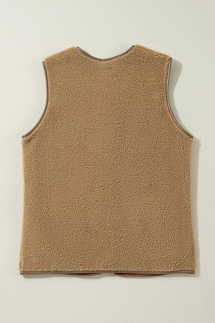 Leather Contrast Side Pockets Buttoned Fleece Vest-Lastshoppingexit