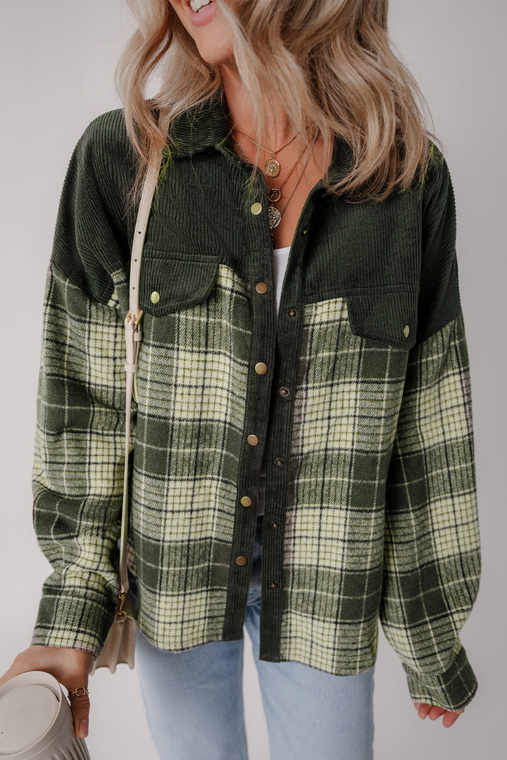 Blackish Snap Buttons Colorblock Plaid Shacket-Lastshoppingexit