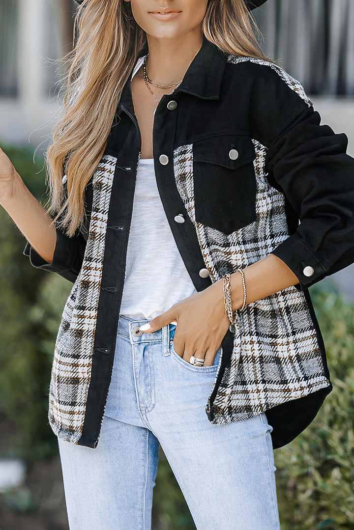 Plaid Patchwork Raw Hem Denim Jacket-Lastshoppingexit