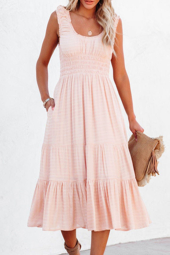 Apricot Smocked Ruched Sleeveless High Waist Midi Dress-Lastshoppingexit