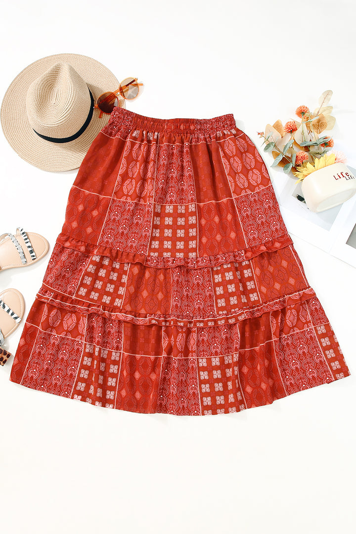 Bohemian Mix Print Long Flared Skirt-Lastshoppingexit