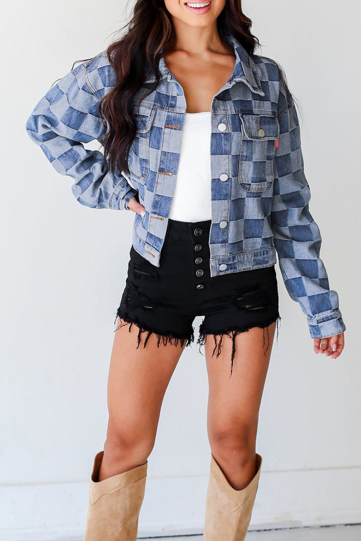 Checkered Patchwork Button up Denim Jacket-Lastshoppingexit