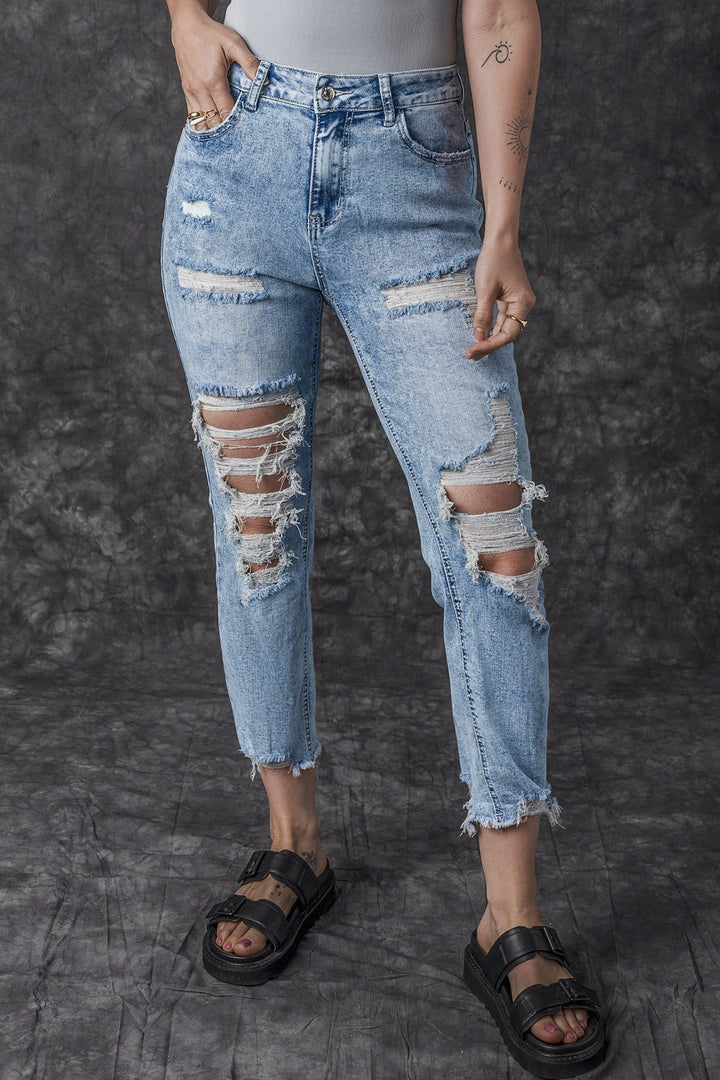 Acid Wash Distressed Slim Fit Jeans-Lastshoppingexit