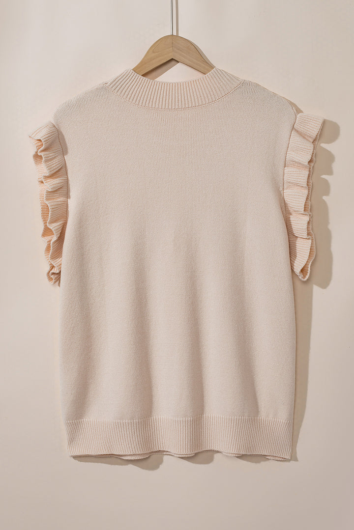 Oatmeal Plus Cable Knit Short Ruffled Sleeve Mock Neck Sweater-Lastshoppingexit