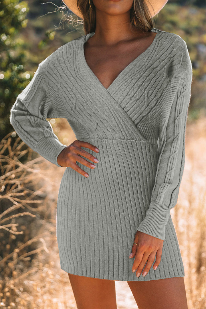 Cable Ribbed Knit V Neck Bodycon Sweater Dress-lastshoppingexit