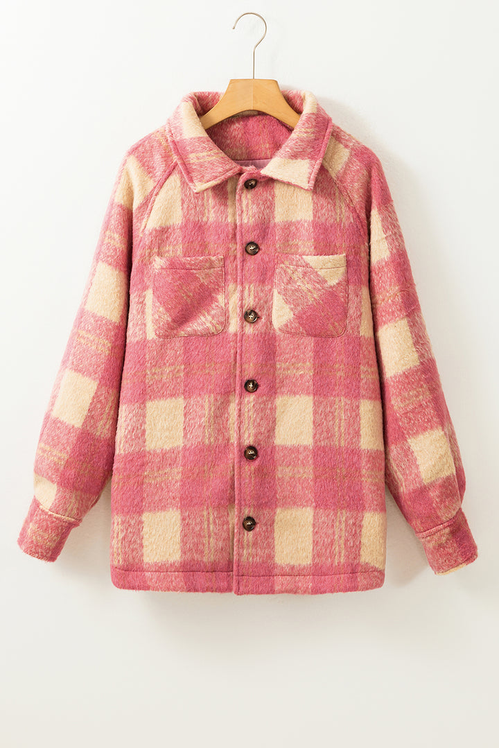 Blossom Plaid Print Buttoned Collared Chest Pockets Shacket-Lastshoppingexit