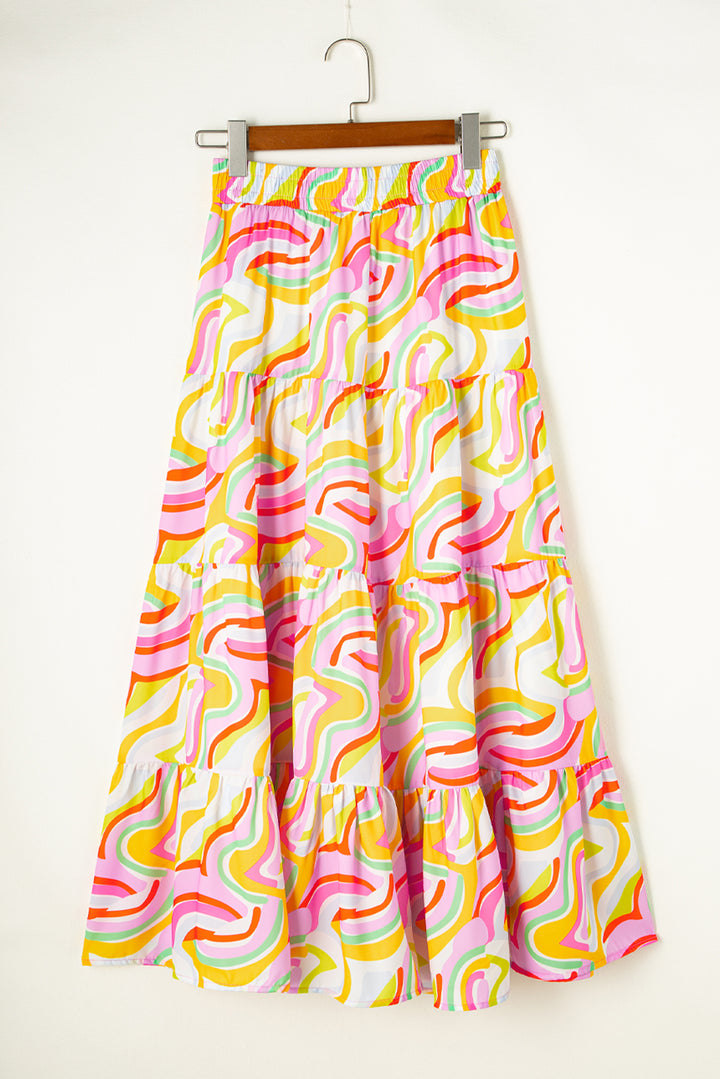 Abstract Print Tiered Flowy Maxi Skirt-Lastshoppingexit