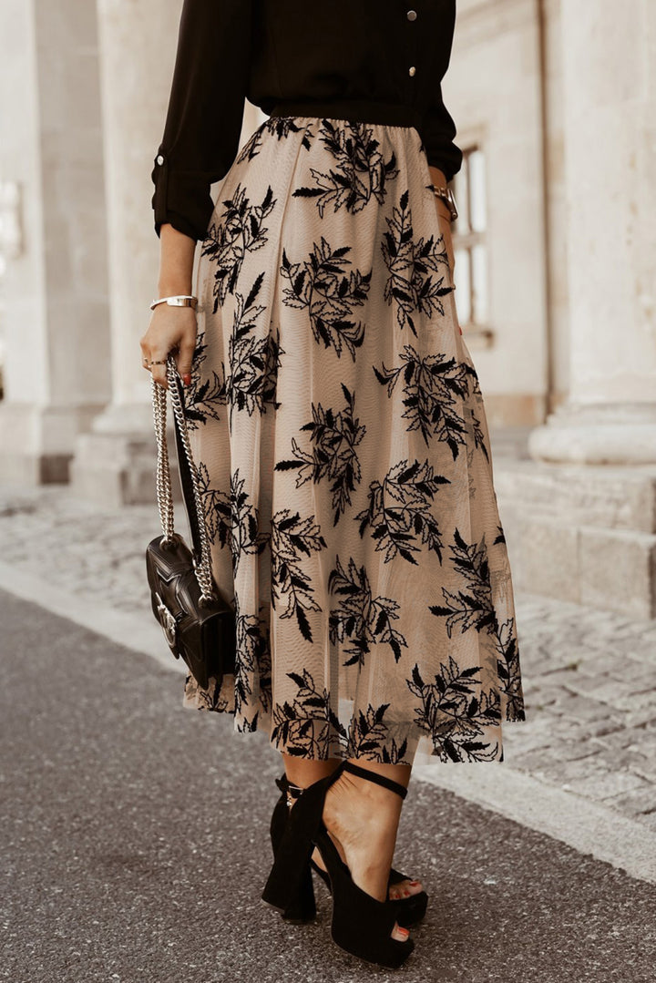 Floral Leaves Embroidered High Waist Maxi Skirt-Lastshoppingexit