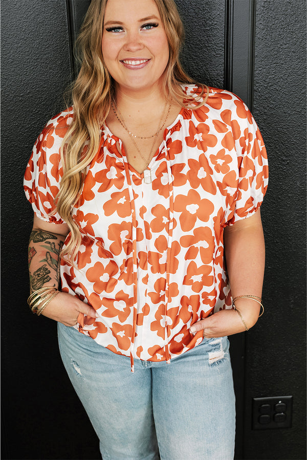 Plus Size Floral Print Drawstring V Neck Blouse-Lastshoppingexit