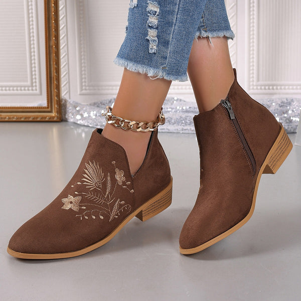 Embroidered Suede Point Toe Block Heel Boots-Lastshoppingexit