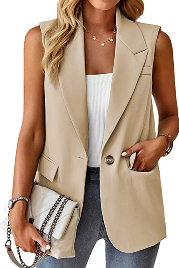 Single Button Pocketed Lapel Vest Blazer-Lastshoppingexit