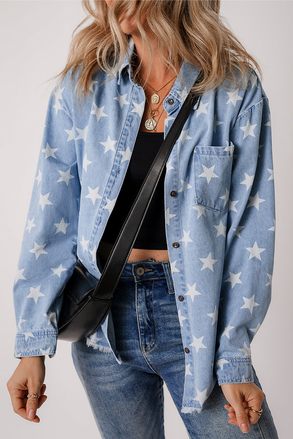 Star Print Light Wash Raw Hem Denim Jacket-Lastshoppingexit