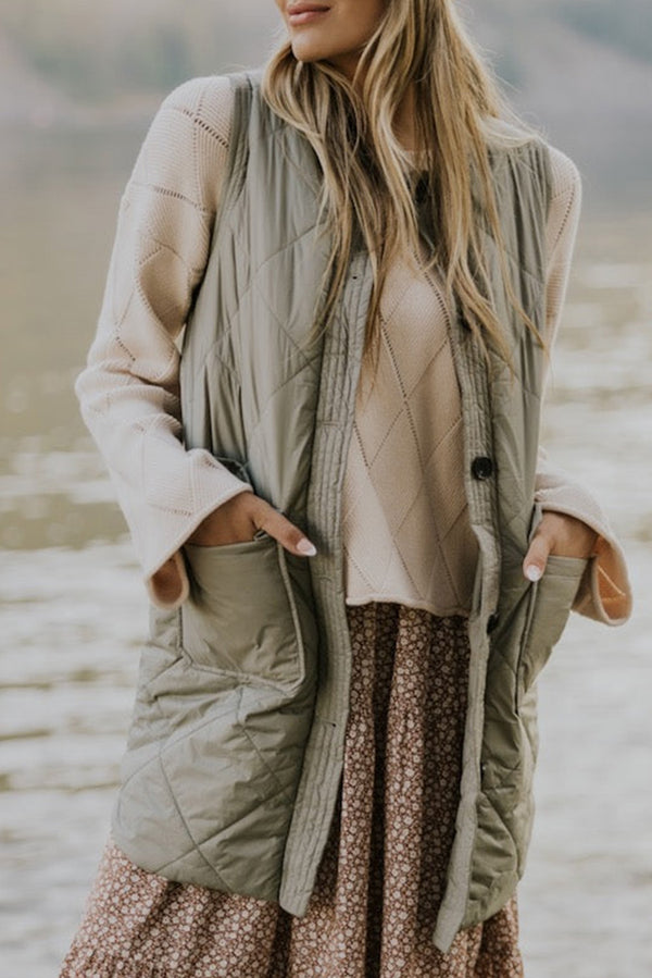 Quilted Long Vest Jacket with Pockets-Lastshoppingexit