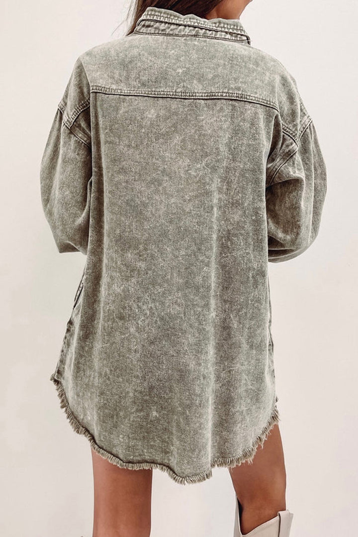 Acid Wash Flap Pocket Raw Hem Tunic Denim Jacket-Lastshoppingexit