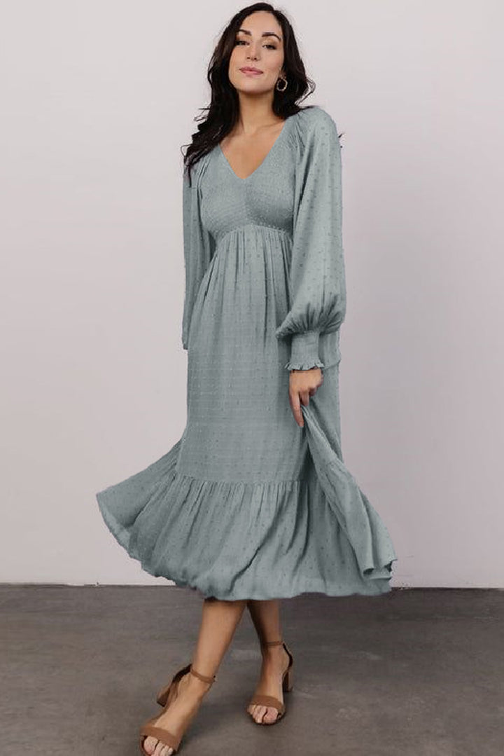 Smocked V Neck Swiss Dot Ruffle Long Sleeve Dress-Lastshoppingexit