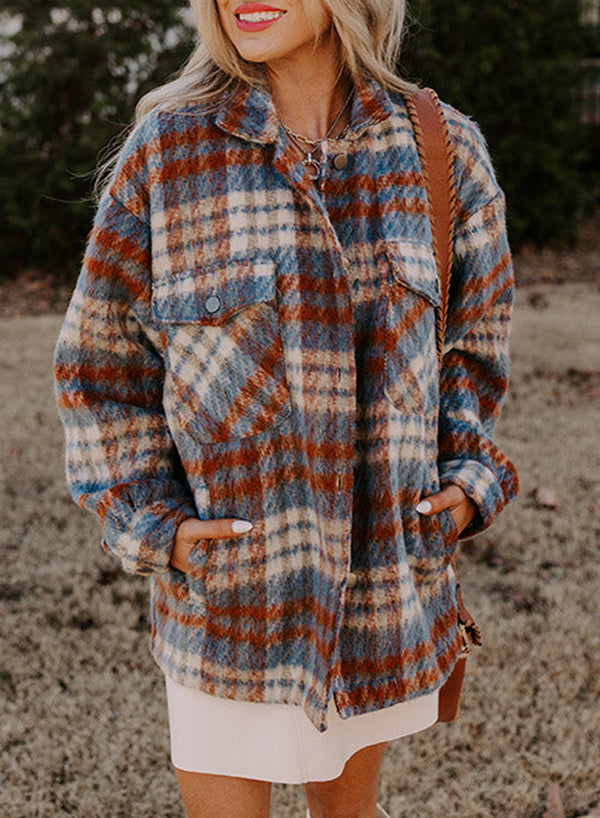 Plaid Print Chest Pockets Turn Down Collar Shacket-Lastshoppingexit