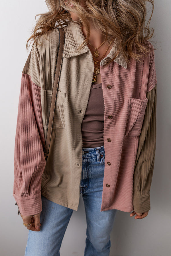 Color Block Chest Pockets Buttoned Corduroy Shacket-Lastshoppingexit