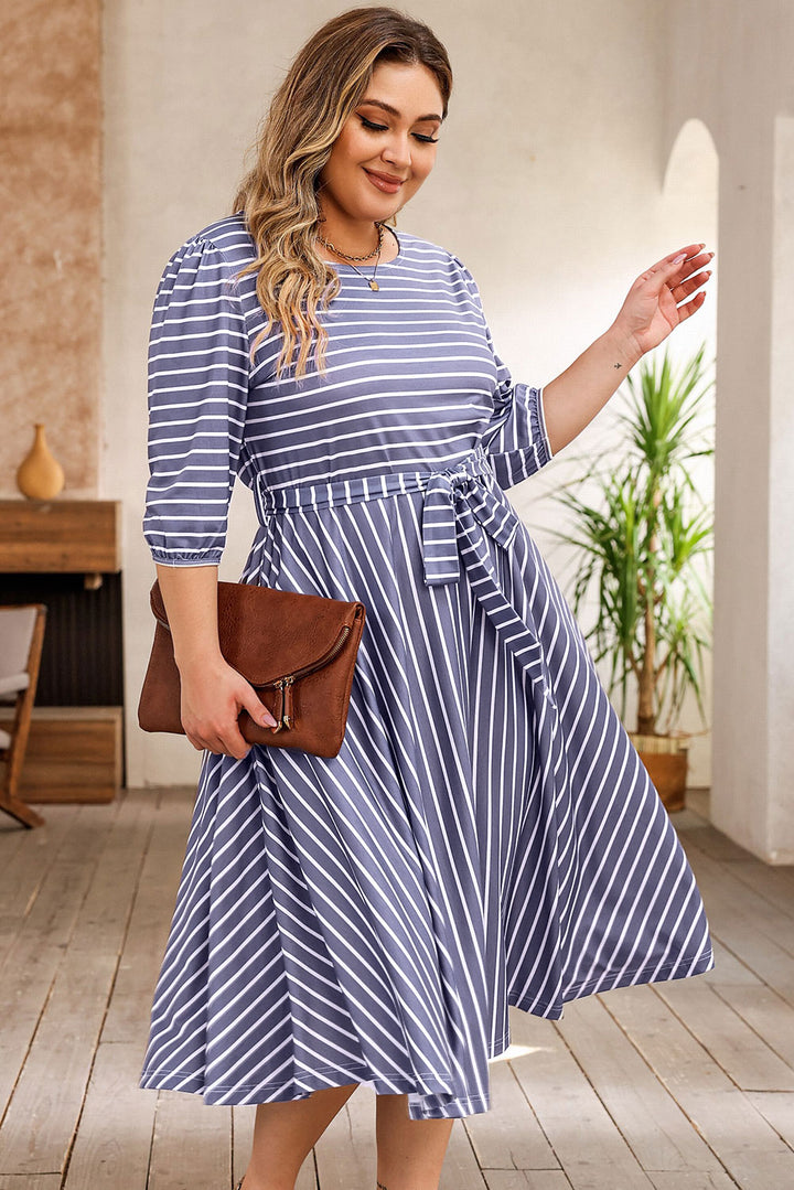 Striped Tie Waist 3/4 Sleeve Plus Size Dress-Lastshoppingexit