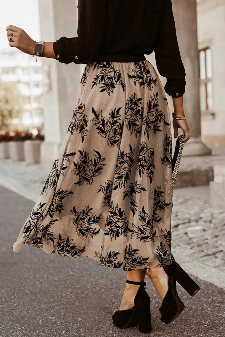 Floral Leaves Embroidered High Waist Maxi Skirt-Lastshoppingexit