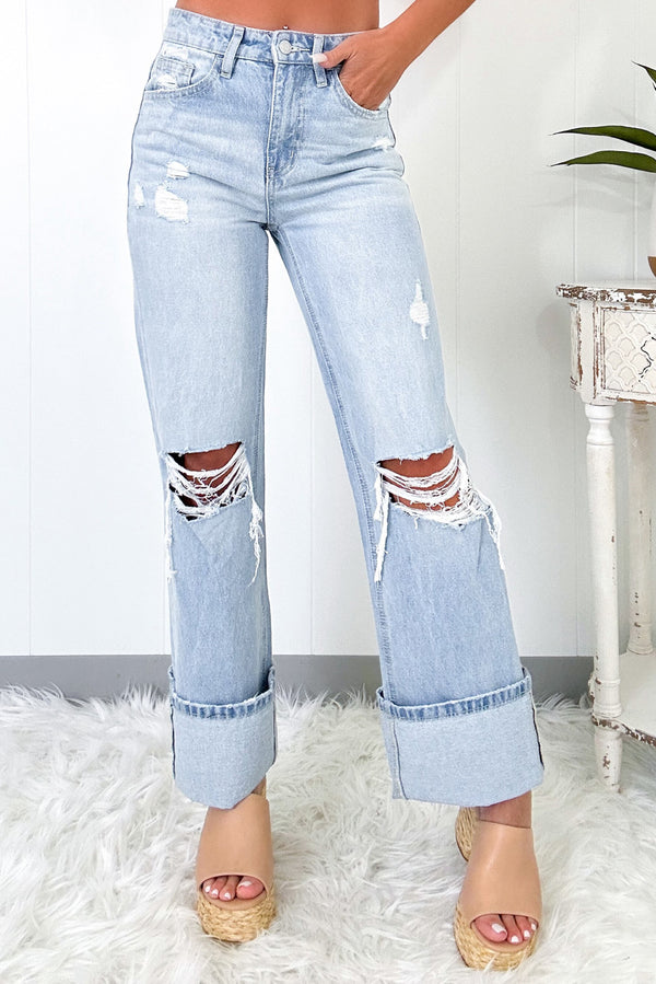 Light Wash Distressed Flare Jeans-Lastshoppingexit