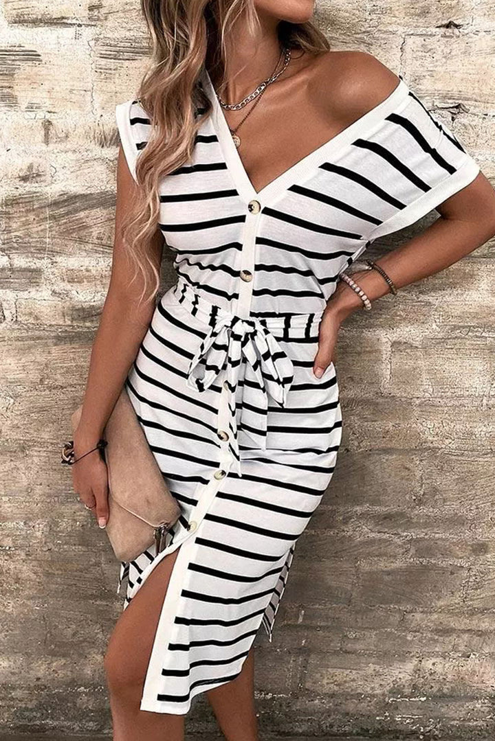 Striped Button Slit Tie V-Neck Midi Dress-Lastshoppingexit