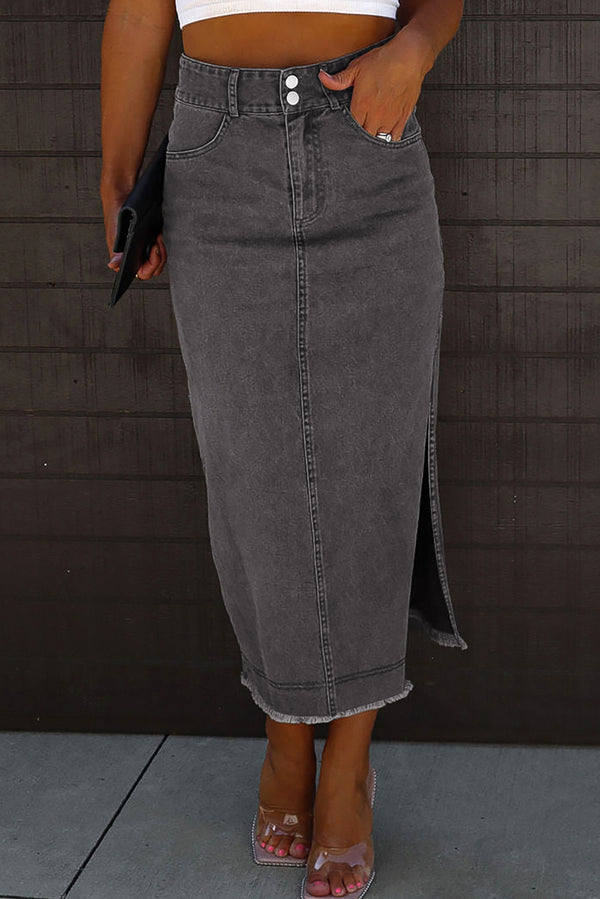 Raw Edge Side Slits Buttoned Midi Denim Skirt-Lastshoppingexit