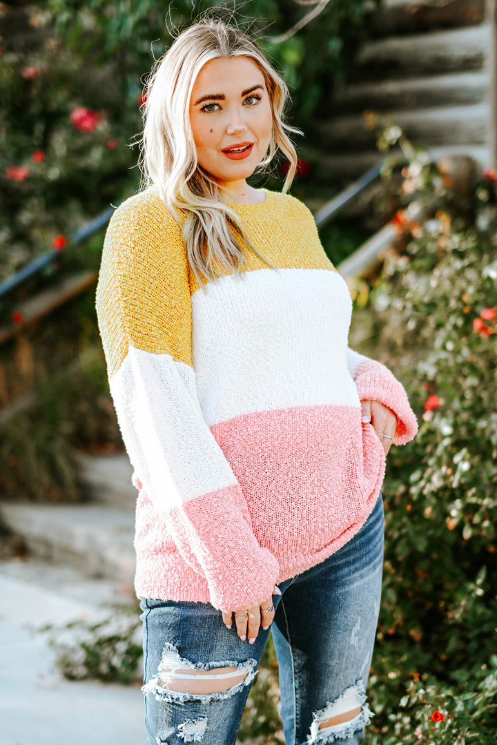 Color block Bubble Sleeve Plus Size Sweater-Lastshoppingexit