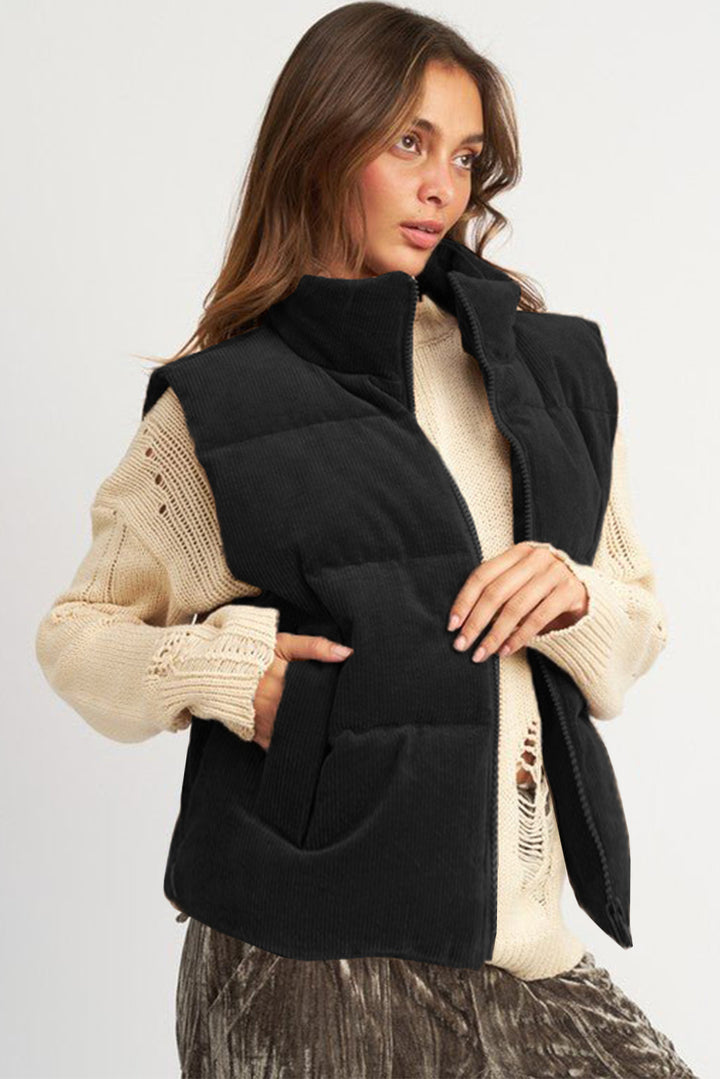 Corduroy Stand Neck Zipped Puffer Vest-Lastshoppingexit