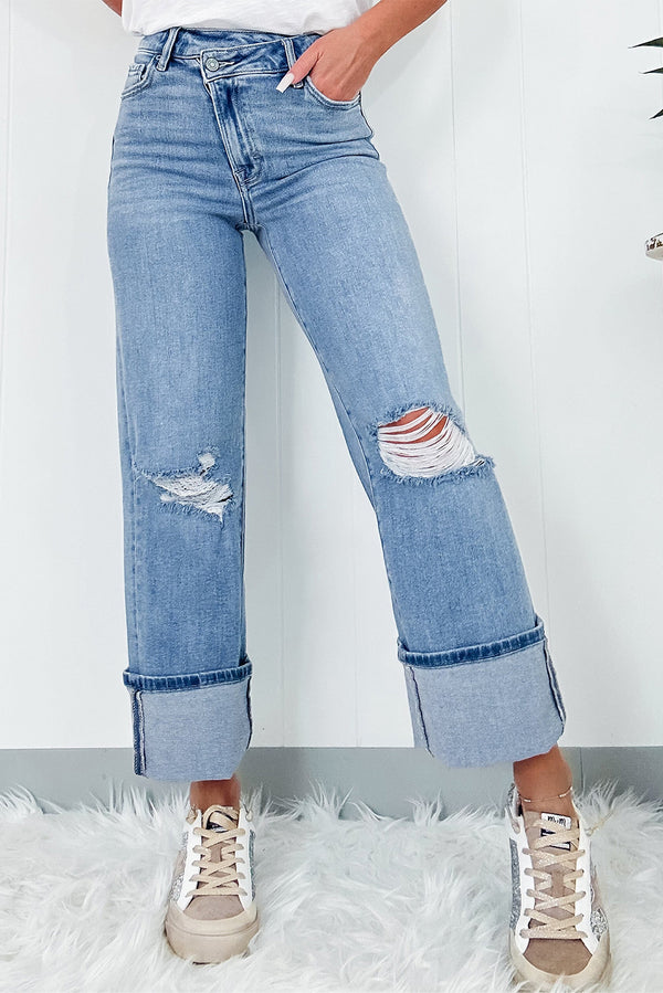 High Rise Asymmetric Button Zip Fly Ripped Jeans-Lastshoppingexit