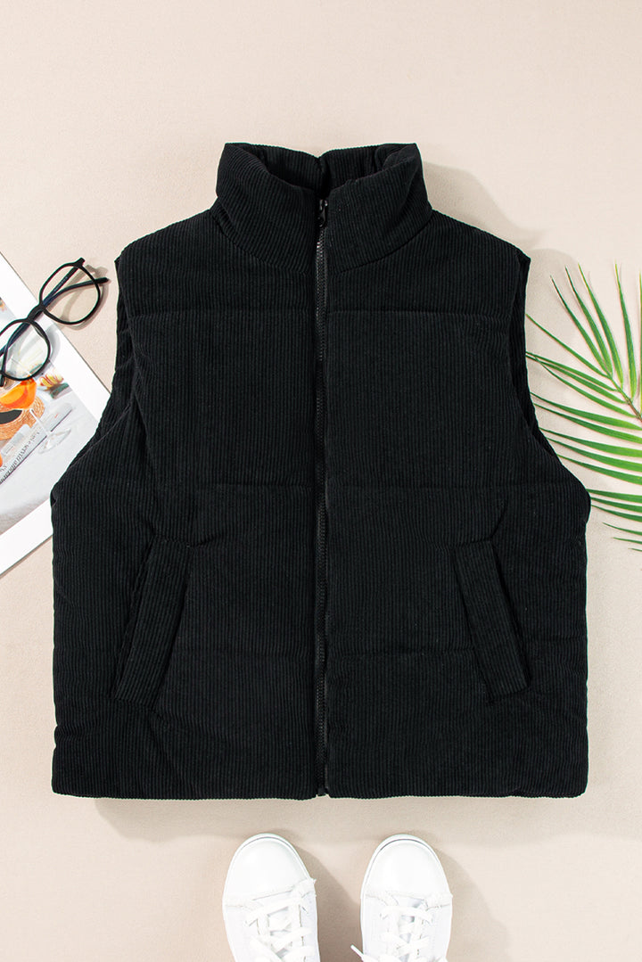 Corduroy Stand Neck Zipped Puffer Vest-Lastshoppingexit