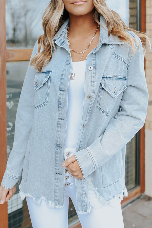 Flap Pocket Buttoned Raw Hem Denim Jacket-Lastshoppingexit