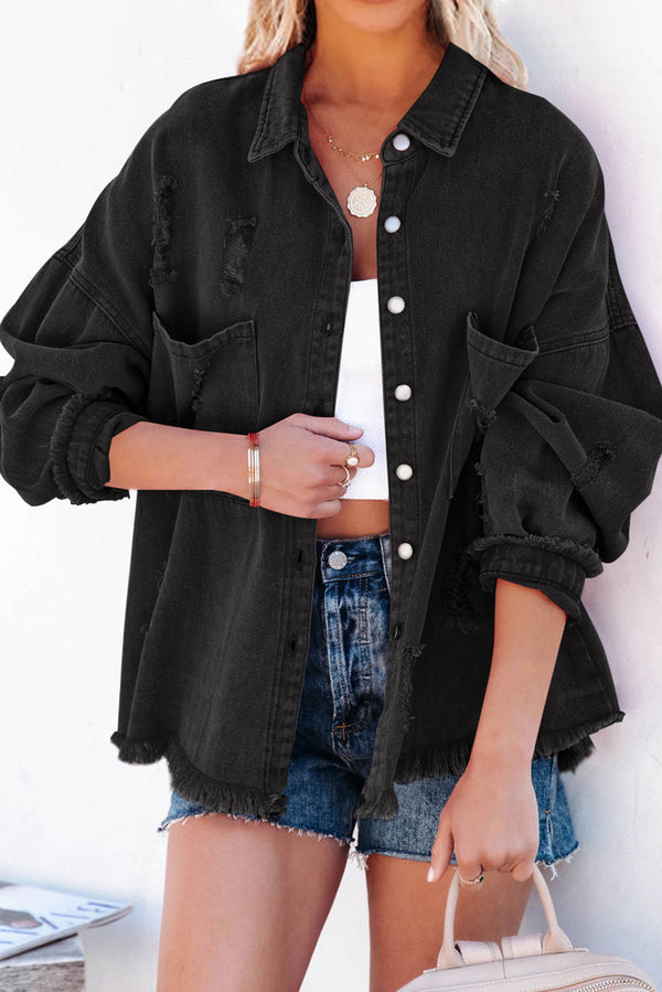 Distressed Fringe Trim Denim Jacket-Lastshoppingexit