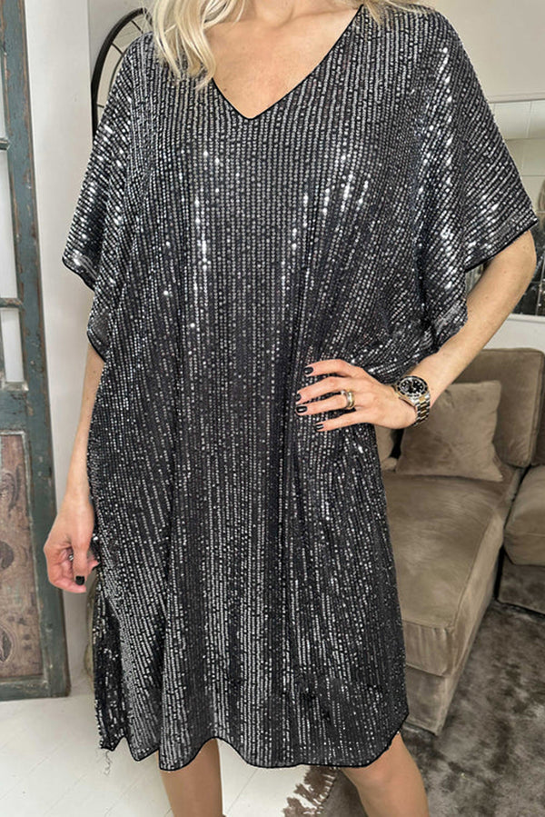 Sequin V Neck Dolman Sleeve Shift Dress-Lastshoppingexit