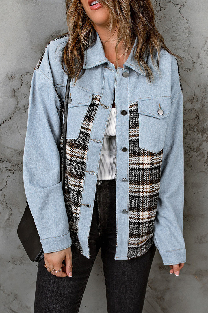 Plaid Patchwork Raw Hem Denim Jacket-Lastshoppingexit