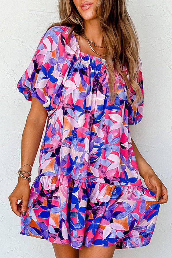 Purple Flower Print Short Puff Sleeve Ruffled Dress-Lastshoppingexit