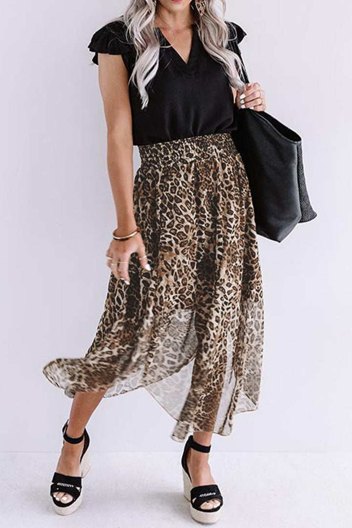 Smocked Waist Leopard Skirt-Lastshoppingexit