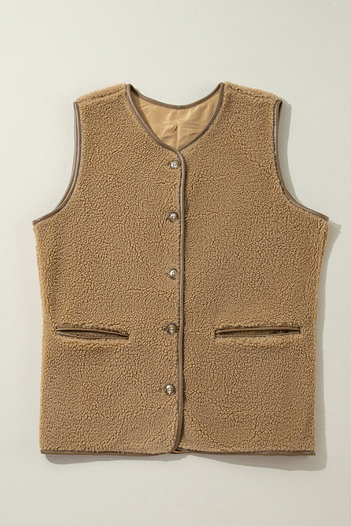 Leather Contrast Side Pockets Buttoned Fleece Vest-Lastshoppingexit