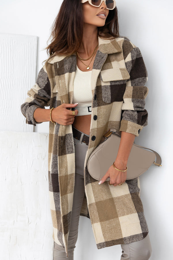 Plaid Button-Down Flap Pocket Long Shacket-Lastshoppingexit