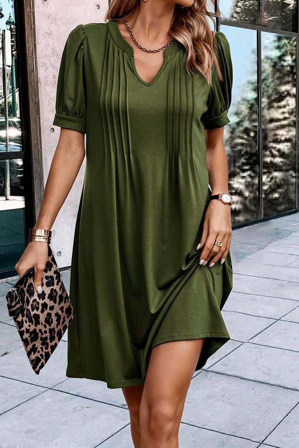 Notched Neck Pleated Puff Sleeve Shift T-shirt Dress-Lastshoppingexit