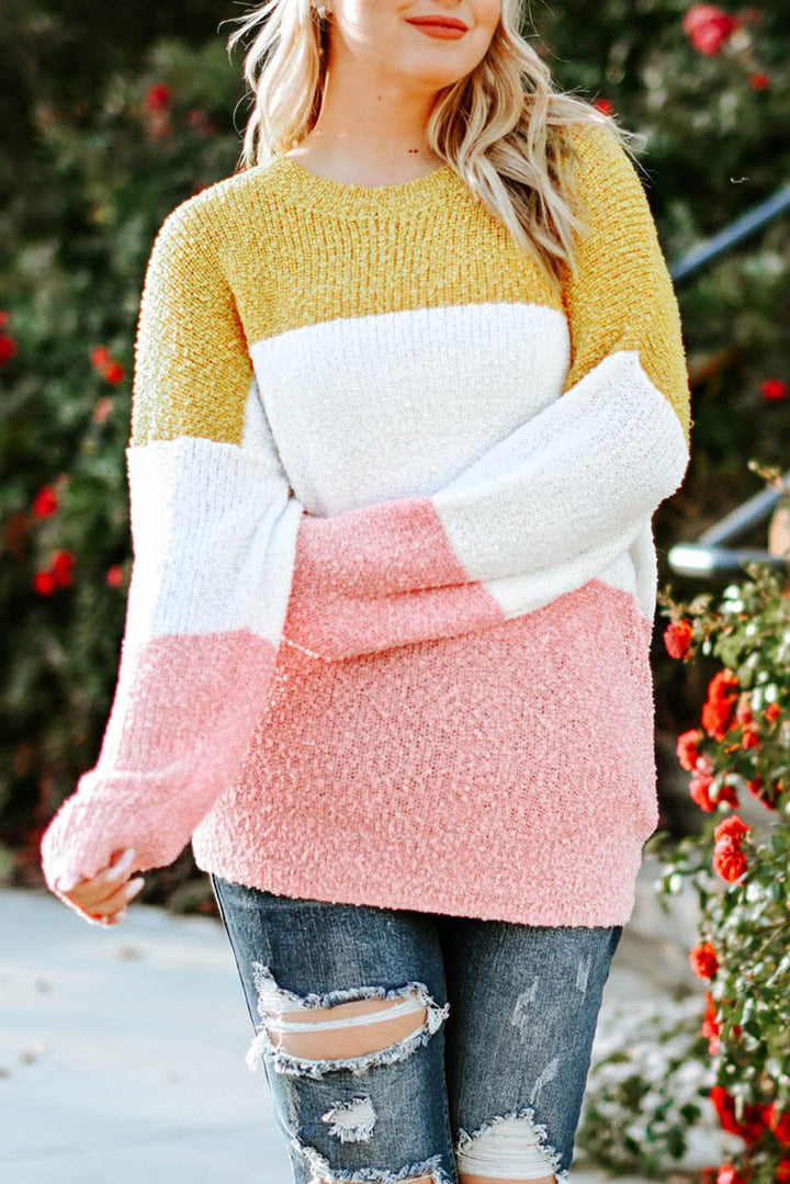 Color block Bubble Sleeve Plus Size Sweater-Lastshoppingexit