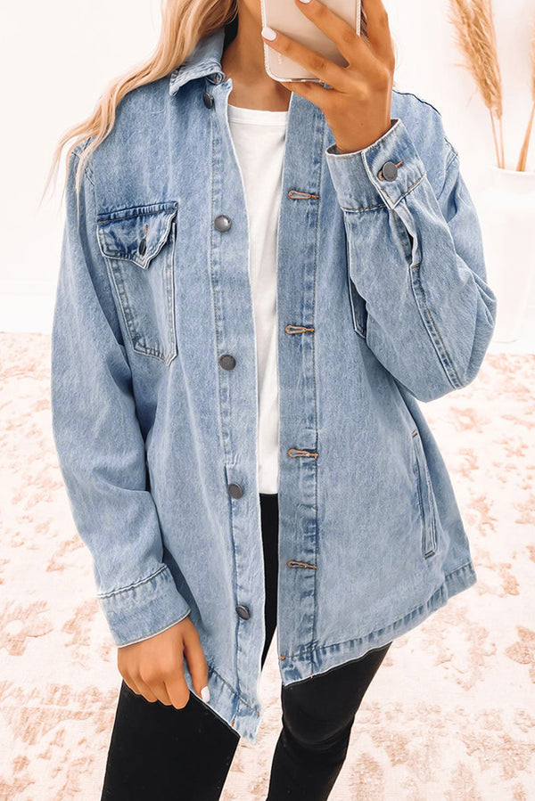 Acid Wash Flap Pocket Boyfriend Shacket-Lastshoppingexit