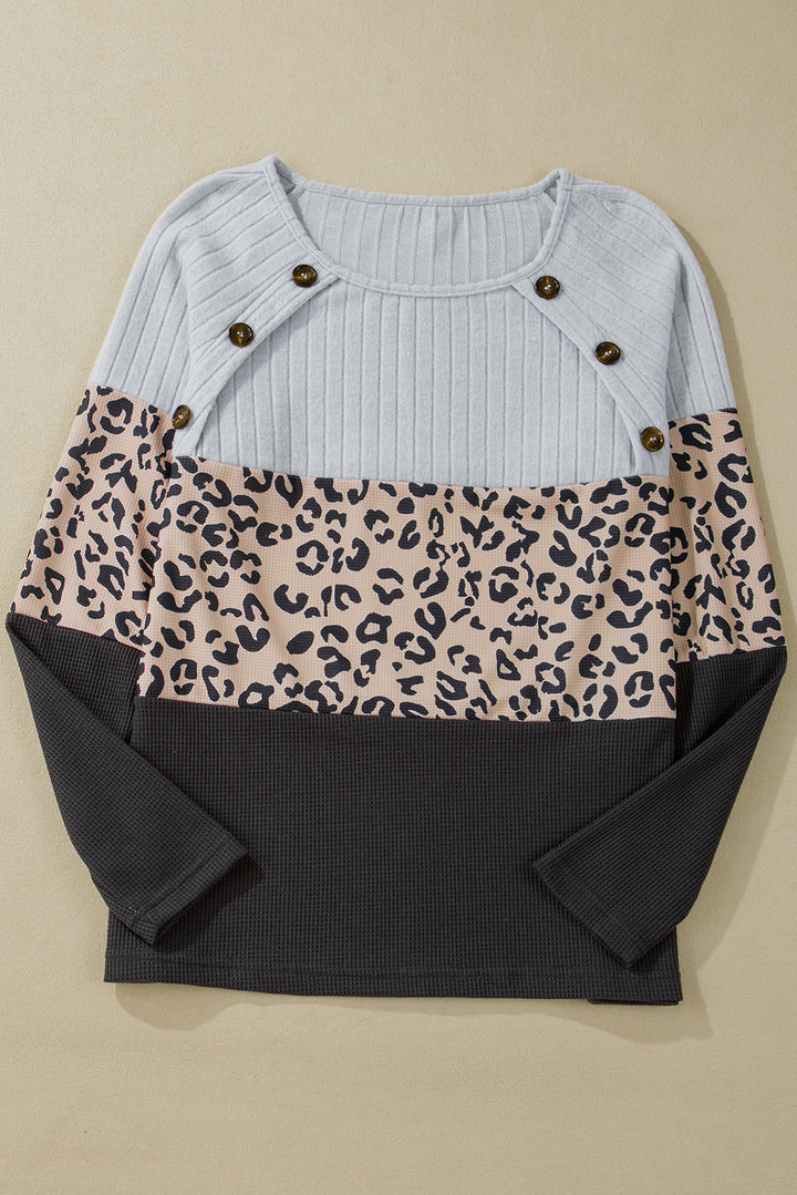 Cheetah Textured Patchwork Buttoned Round Neck-Lastshoppingexit