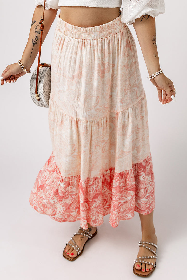 Floral Print Ruffle Hem Tiered Maxi Skirt-Lastshoppingexit