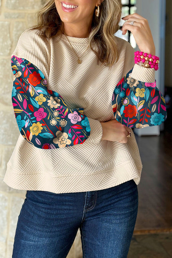 Floral Sleeve Textured Drop Shoulder Knit Top-Lastshoppingexit